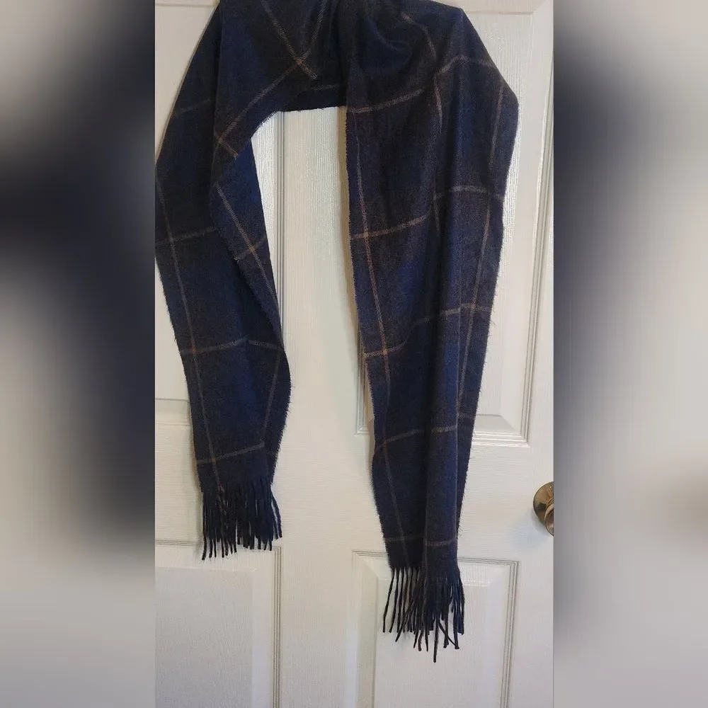 Geoffrey Beene Cashme Brown Navy Plaid Fringe Acrylic Scarf Shawl Italy 66x12.5”
